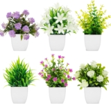 Artificial Plants Indoor 6 Pcs, 6 Pack Small Potted Fake Plants with Flowers, Artificial Desk Plants for Home Decoration Office & Shelf