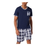 Aseniza Mens Cotton Pyjama Set, V-Neck, Short Sleeve, Checked