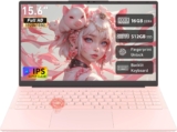 Auusda 15.6 Laptop, Compatible with Win11PRO, 16GB RAM 512GB SSD, Max 8TB Pink Lightweight Laptop, Backlit Keyboard, Fingerprint Sensor, USB-C, 6000mAh, Ideal for Student & Business