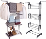 BARGAIN FACTORY Airer Clothes Drying Rack,4-Tier Grey Foldable Clothes Hanger Adjustable Large Stainless Steel Garment Laundry Racks for Indoor Outdoor with Foldable Wings