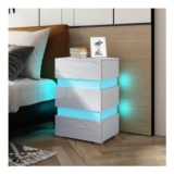BESTWANTED White Gloss LED Bedside Table with 3 Drawers