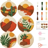 BEUNITONE Bohemian Embroidery Kit for Beginners, 6-Piece Stamped Cross Stitch Craft with Landscape, Sun, Moon, Leaves, Vase Designs, Complete DIY Set for Relaxing Creative Fun
