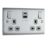 BG Electrical 45W Double Switched Wall Plug Socket with Super Fast Charge Type A & C USB Ports, Brushed Steel, Grey Inserts, 13A