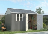 BIRCHTREE Garden Shed Steel Apex Roof House Outdoor Backyard Storage With Lockable Double Doors Window Free Foundation Tool Equipment Organizer Air Vents 10x10FT Grey