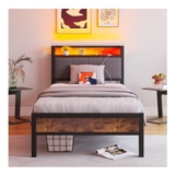 BORPHOM 3ft Bed with Storage, LED Lights, Charging Station, Brown