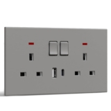 BSEED Double Socket with USB C, Electrical Double Switched Power Plug Wall Socket with LED Indicator, PC Wall Plate Outlet, Grey, 13A