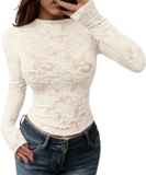 BTFBM Womens Tops Lace Mesh Crew Neck Long Sleeve Shirts Sheer See Through,Stretch Knit,Slim Fit,Fashion Fall Clothing,Sexy Outfits,Party Club
