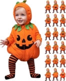 Baby Halloween Costume Infant Pumpkin Costume 2 Piece Cute Long Sleeve Hooded Romper with Zipper and Striped Tights Footed Leggings Outfit Trick or Treat for Carnival Birthday Newborn 0-24 Months