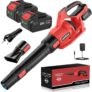 Bamse Leaf Blower Cordless, Garden Blower 21V with 2 Batteries 4.0Ah, 3 Speed, Battery Leaf Blower with 2 Nozzles & Shoulder Strap, for Leaf Snow Dust Patio Garage Driveway and Debris Blowing, Red