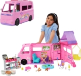 Barbie Dream Camper Playset, featuring Camping Accessories with Roof Tent, Swing Chair, Fishing Pond, BBQ Grill with Color-Change Feature & 60 Accessories Including Dough, HRJ78
