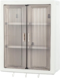 Bathroom Cabinet,Wall-Mounted Storage Cabinet, Double Doors 2 Tier Adjustable Shelf with Hookson, No-Drill Plastic Organizer with Clear Doors for Bathroom & Kitchen