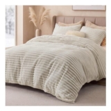 Bedsure Double Duvet Cover Sets – Teddy Fleece Bedding Set Stripe, Beige