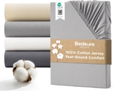 Bedsure Single Fitted Sheet Deep Cooling Jersey Cotton Fitted Sheet, 40 cm Extra Deep Pocket, 100% Cotton Knit, Breathable, Elasticated Corners, Grey, 90×190 cm
