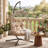 Beige Hanging Egg Chair with Stand and Cushion – With code