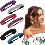 Belle Vous Glitter Elastic Headbands for Girls (6 pack) – Sparkly Stretch Adjustable Non Slip Velvet Head Bands – Fashion Hair Accessories for Gymnastics & Sport – Women Pink, Purple, black Hairband