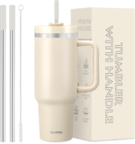 BesWin 40 oz Tumbler with Handle and Straw, Vacuum Insulated Stainless Steel Double Wall Water Bottle Travel Coffee Mug – Holiday Gifts for Women Men – Cream