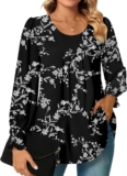 Bestbee Womens Long Sleeve Tunic Tops Dressy Chiffon Blouses Shirts Crew-Neck Smocked Cuffs Sleeve Shirts 2024 Fall Tops Lightweight
