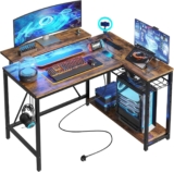 Bestier 106.5CM L-Shaped Desk with 3 Power Outlets, 2 USB Ports & LED Strip Lights, Reversible Corner Workstation with Shelves & Hooks for Office & Gaming