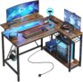 Bestier 106.5CM L-Shaped Desk with 3 Power Outlets, 2 USB Ports & LED Strip Lights, Reversible Corner Workstation with Shelves & Hooks for Office & Gaming