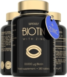 Biotin Hair Growth Tablets – Hair Skin and Nails Vitamins for Women & Men – 180 Biotin Tablets with Zinc 10000 mcg – High Strength Supplements – UK Made – Superior Absorption