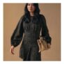 Black Croissant Print Mini Long Sleeve A-Line Seam Detail Dress