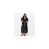 Black Embroidered Palm Tree Puff Sleeve Midi Dress