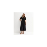 Black Shirred Body Short Sleeve Midi Dress