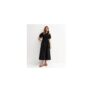 Black Shirred Body Short Sleeve Midi Dress