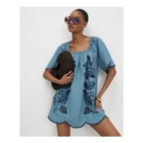 Blue Floral Embroidered Denim Mini Dress