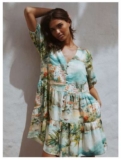 Blue House Print Short Sleeve Button Through Tiered Mini Dress with Linen (Available in Regular or Petite)