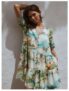 Blue House Print Short Sleeve Button Through Tiered Mini Dress with Linen (Available in Regular or Petite)