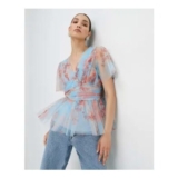 Blue Short Sleeve Tulle Top