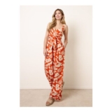 Blue Vanilla Orange Tropical Tie Front Jumpsuit