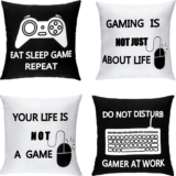Boao 4 Pieces Gaming Cushion Cover Gamer Pillowcase Video Game Cushion Covers for Gaming Fan Video Game Themed Party Sofa Bedroom Funny Novelty Gift Home Decor (Black and White,16 x 16 Inch)
