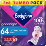 Bodyform Ultra Goodnight Sanitary Towels with Wings, 64 (8 x 8 Packs) Period Pads for Night use, SecureFit Leakage Protection, Ultra-Breathable Top Layer