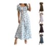 Bohemian Square Neck Puff Short Sleeve a Line Long Dress Floral Print