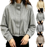 Bomber Jacket Women Gingham Stand Collar Jacket Cropped Checked Windbreaker