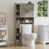 BonVache Over Toilet Storage Unit, Bathroom Storage Cabinet with Barn Doors, Freestanding Laundry Organizer Space Saving with Adjustable Open Shelves, Grey