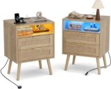 BonVache Rattan Bedside Tables Set of 2, Nightstand with Charging Station and LED Lights, Bedside table with 2 wicker drawers and Open Shelf, Solid Wood Legs, Bed side table for Bedroom, Living Room