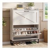BonVache Rustic White Wooden Shoe Cabinet, 80cm, 2 Drawers