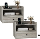 BonVache Set of 2 Floating Bedside Tables, Wall Mounted Bedside Table with Charging Station, Floating nightstand with Open Shelf and Drawer, Modern Side Table for Bedroom, Grey
