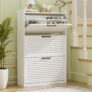 BonVache Shoe Storage Cabinet, Shoe Organizer Cabinet with 3 Flip Louvered Doors, Narrow Wooden Shoe Rack Cabinet with Adjustable Dividers For Hallway, Entreway, Living Room,White