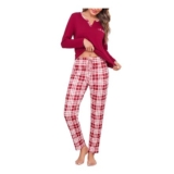 Bresdk Ladies Pajama Set Long Sleeve Checked Red S