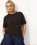 Brown Embellished Knitted T-Shirt – Brown – Free C&C