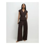 Brown Linen Blend Tailored Wide Leg Trousers