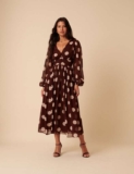 Brown Polka Dot Balloon Sleeve Anya Midi Dress, sizes 4 – 18 in Petite / Regular