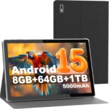 Byybuo 10.1 inch Android 15 Tablet With Case, 8GB RAM 64GB ROM 1TB TF Expand, 5MP8MP Camera, WiFi 6, BT5.4, 1280 800 IPS, 5000mAh, Dual Speakers, SmartPad android tablets, Gray