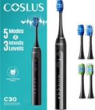 COSLUS C30 Sonic Electric Toothbrush for Adults: Deep Teeth Cleaning & Whitening – 5 Modes & 3 Intensity Levels for Sensitive Teeth & Braces, 2 Types of Brush Heads 2Hours Charge, Black & Black Button