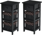 COSTWAY Bedside Table, Paulownia Wood Nightstand Sofa Side Tables with Wooden Drawer and 2 Wicker Baskets, Shabby Chic Bedside Cabinet End Table for Living Room Bedroom (2, Black)