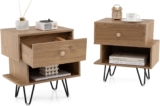 COSTWAY Bedside Tables Set of 2, Wooden Nightstand End Sofa Side Table with Removable Storage Drawer and Open Shelf, Metal Feet Irregular Bedside Cabinet for Living Room Bedroom (Natural)